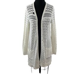 Anthropologie Far Away From Close White Cotton Open Knit Crochet Long Cardigan M